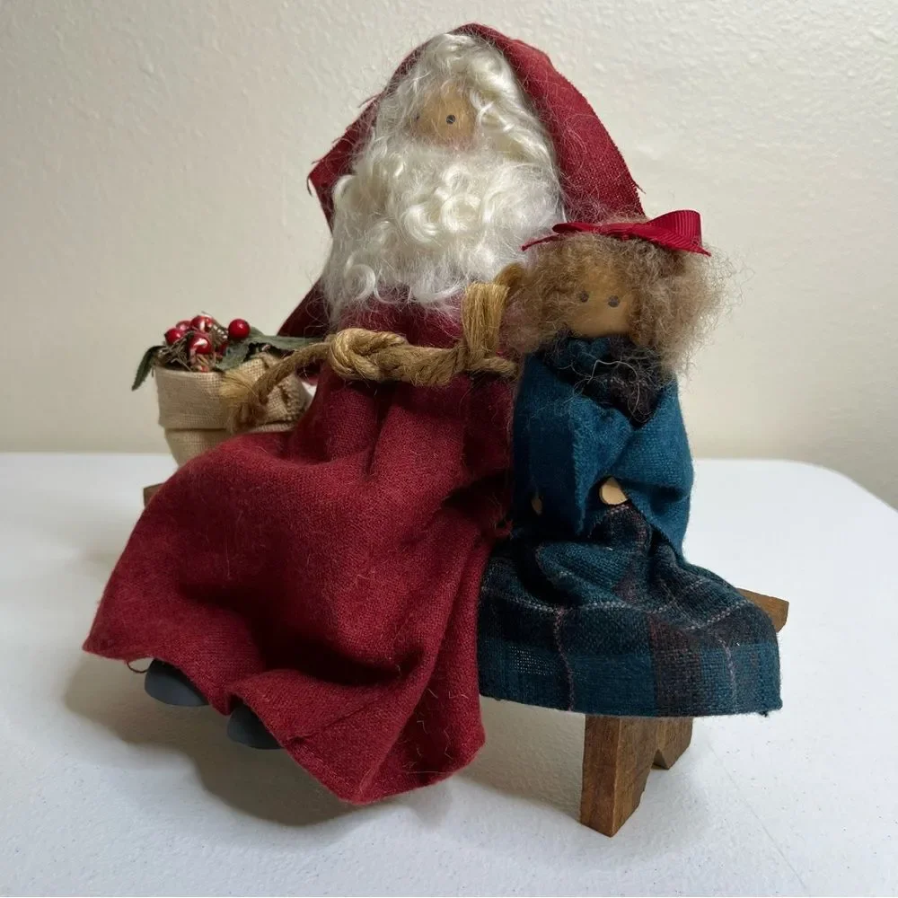 Vintage Lizzie High Wooden Folk Dolls Removable Santa Child Bench Handcrafted